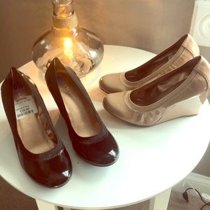 Twin pairs of patent leather wedges